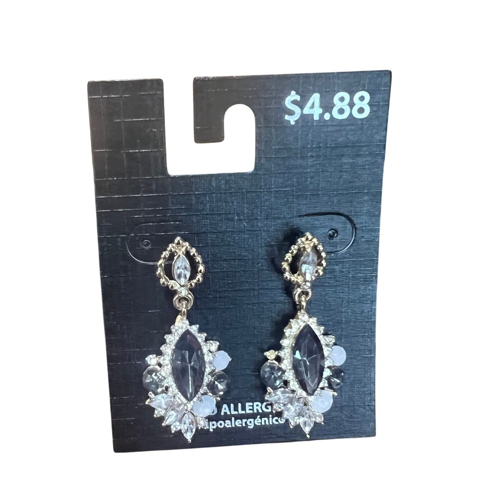Vtg Y2K‎ Chandelier Dangle Faux Onyx & Rhinestone Earrings Hypo Alergenic NEW